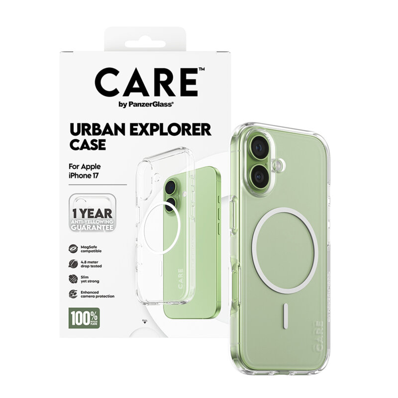 Husa iPhone 17 PanzerGlass® CARE Flagship Urban Explorer White MagSafe, transparenta