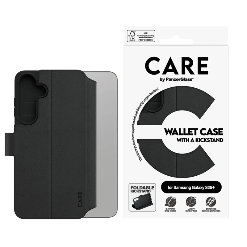 Husa Samsung Galaxy S25 Plus PanzerGlass® CARE Feature Kickstand Wallet Case, negru