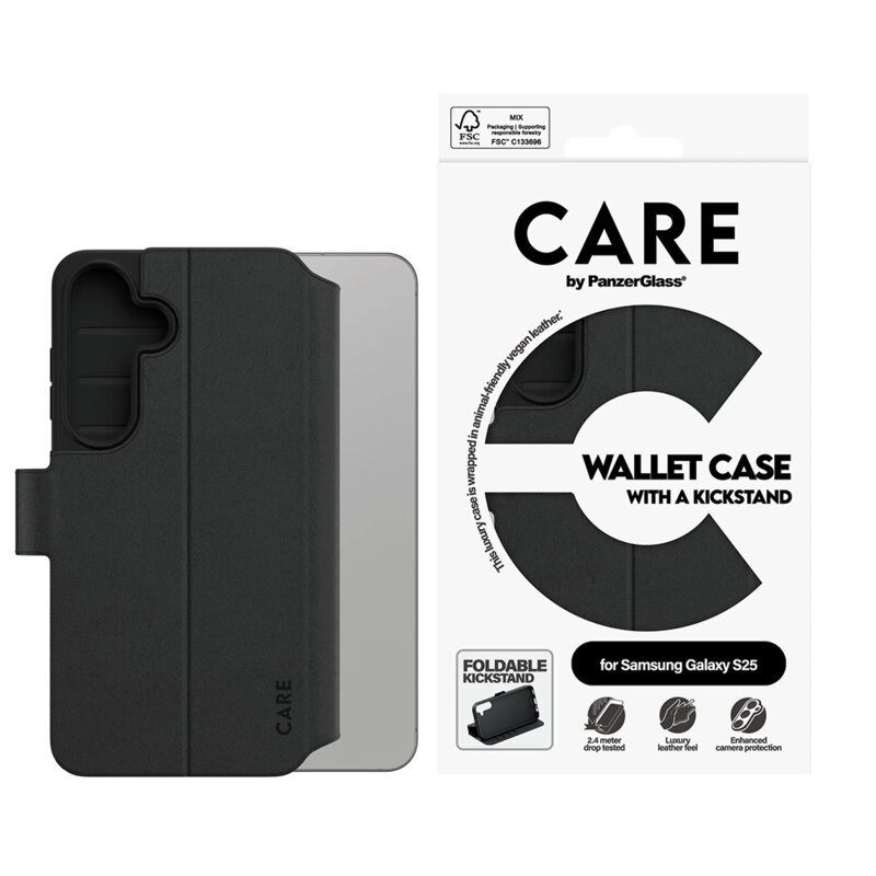 Husa Samsung Galaxy S25 PanzerGlass® CARE Feature Kickstand Wallet Case, negru