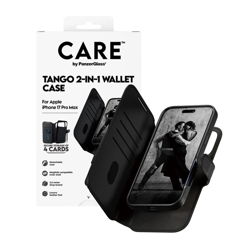 Husa iPhone 17 Pro Max PanzerGlass® CARE Feature MagSafe Case Tango Two-in-One Wallet, negru