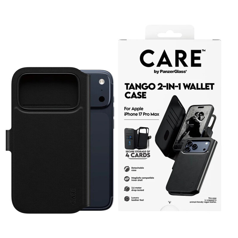 Husa iPhone 17 Pro Max PanzerGlass® CARE Feature MagSafe Case Tango Two-in-One Wallet, negru