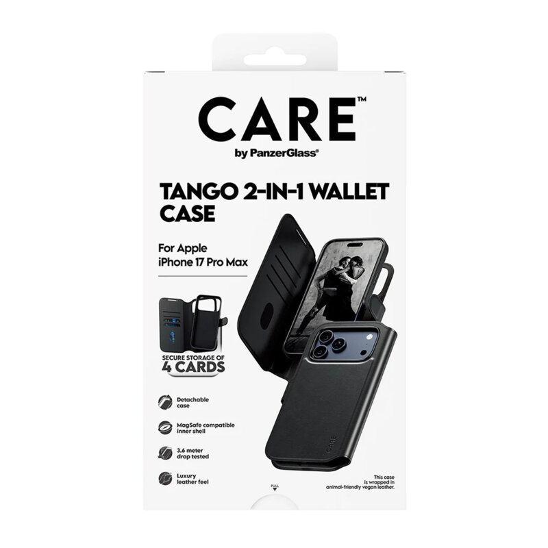 Husa iPhone 17 Pro Max PanzerGlass® CARE Feature MagSafe Case Tango Two-in-One Wallet, negru
