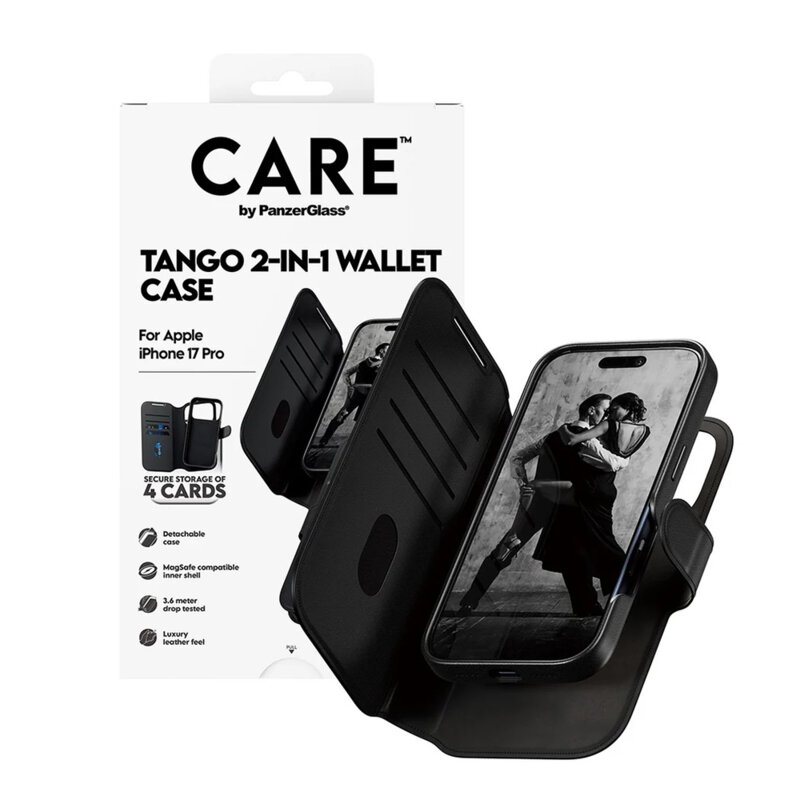 Husa iPhone 17 Pro PanzerGlass® CARE Feature MagSafe Case Tango Two-in-One Wallet, negru
