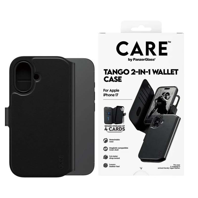 Husa iPhone 17 PanzerGlass® CARE Feature MagSafe Case Tango Two-in-One Wallet, negru