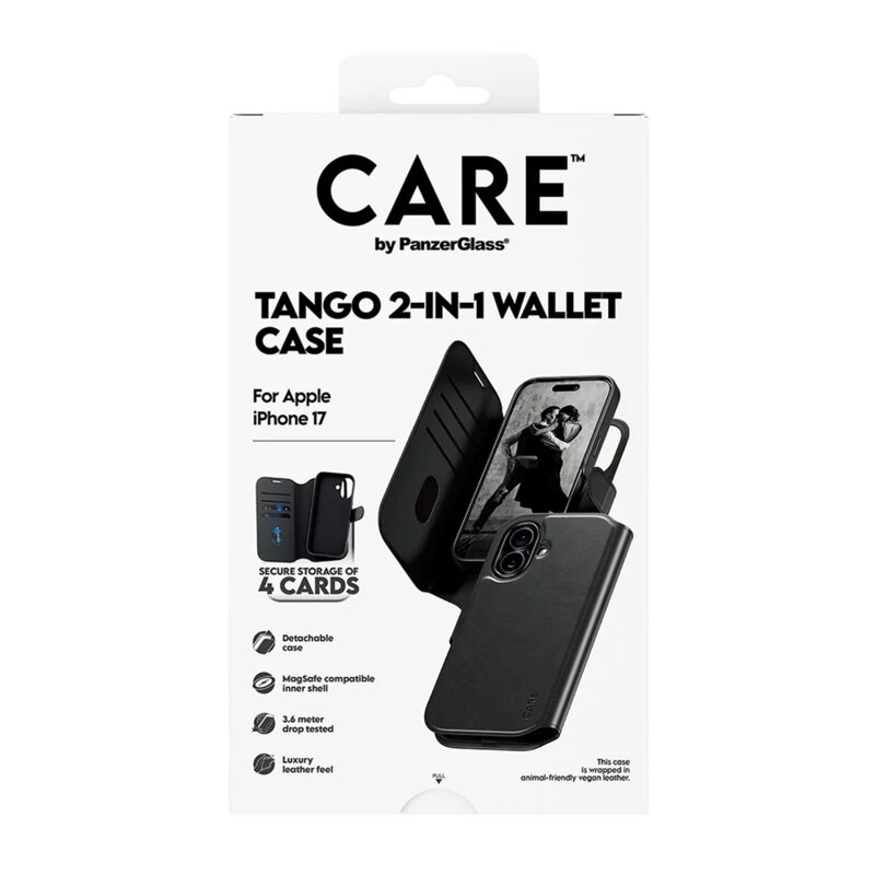 Husa iPhone 17 PanzerGlass® CARE Feature MagSafe Case Tango Two-in-One Wallet, negru