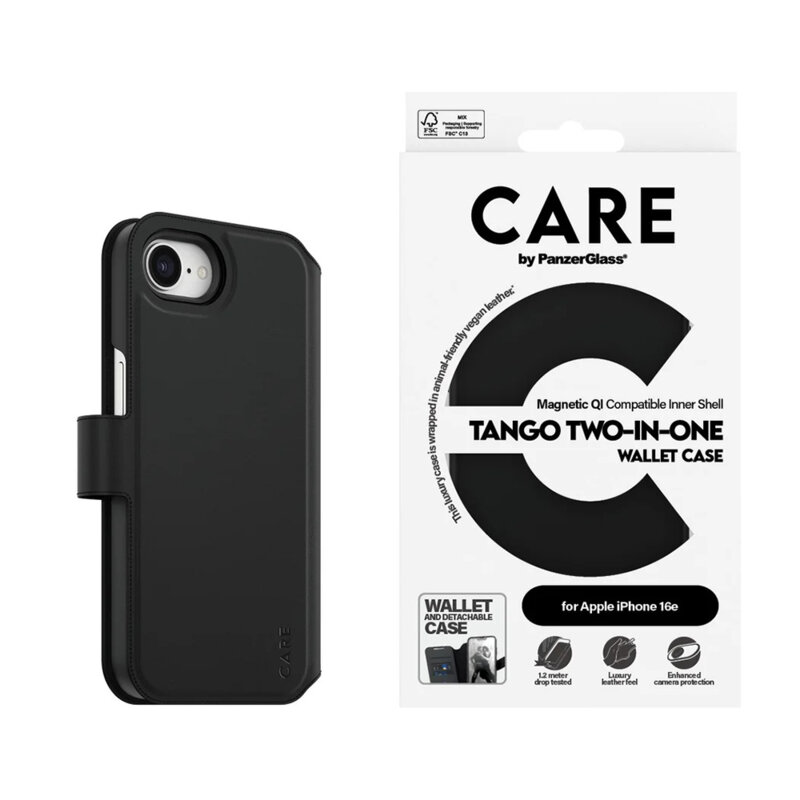 Husa iPhone 16e PanzerGlass® CARE Feature Case Tango Two-in-One Wallet Wallet, negru