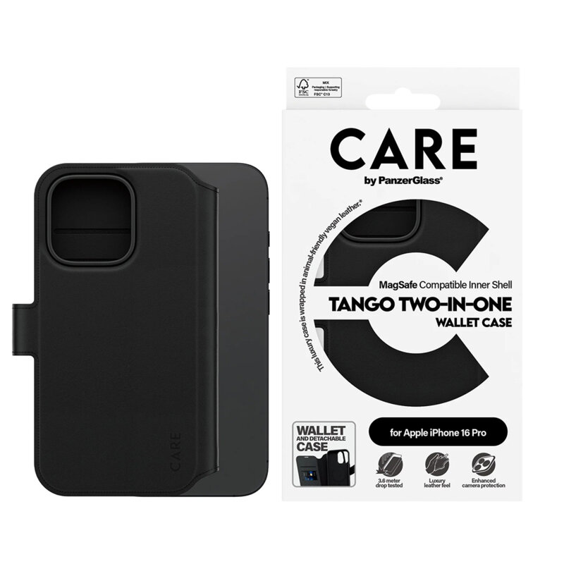 Husa iPhone 16 Pro PanzerGlass® CARE Feature MagSafe Case Tango Two-in-One Wallet, negru