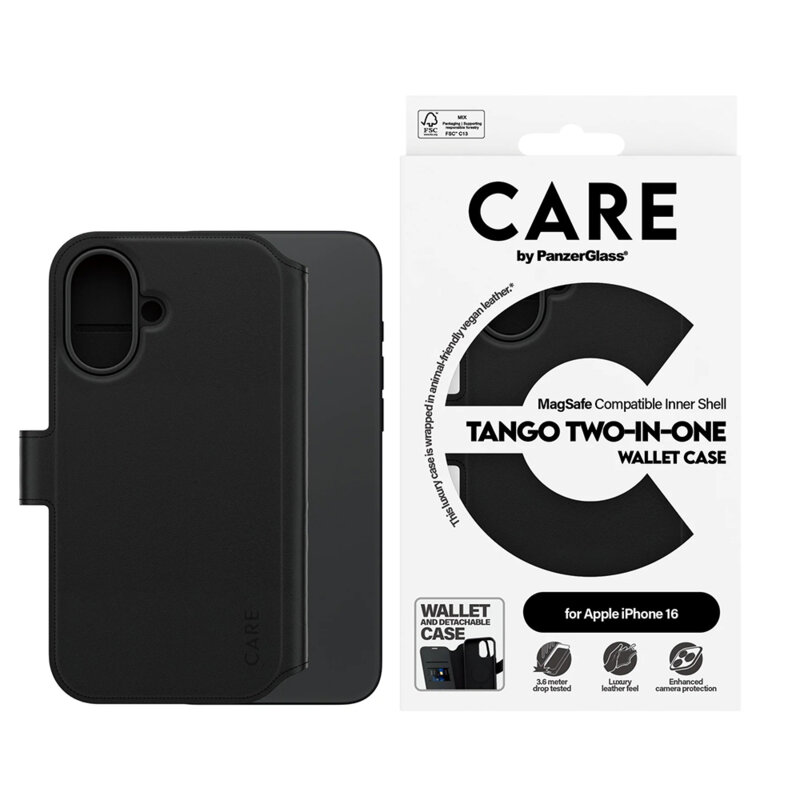 Husa iPhone 16 PanzerGlass® CARE Feature MagSafe Case Tango Two-in-One Wallet, negru