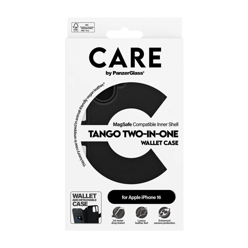 Husa iPhone 16 PanzerGlass® CARE Feature MagSafe Case Tango Two-in-One Wallet, negru