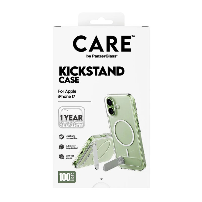 Husa iPhone 17 PanzerGlass® CARE Feature Kickstand MagSafe, transparenta