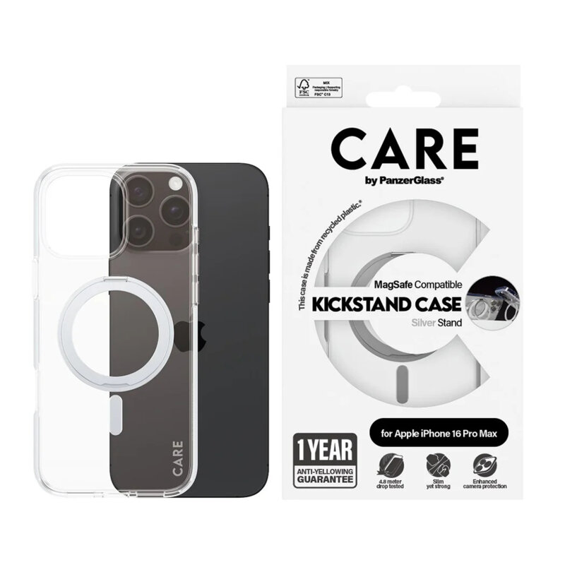 Husa iPhone 16 Pro Max PanzerGlass® CARE Feature Silver Kickstand & MagSafe, transparenta