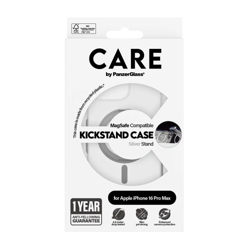 Husa iPhone 16 Pro Max PanzerGlass® CARE Feature Silver Kickstand & MagSafe, transparenta