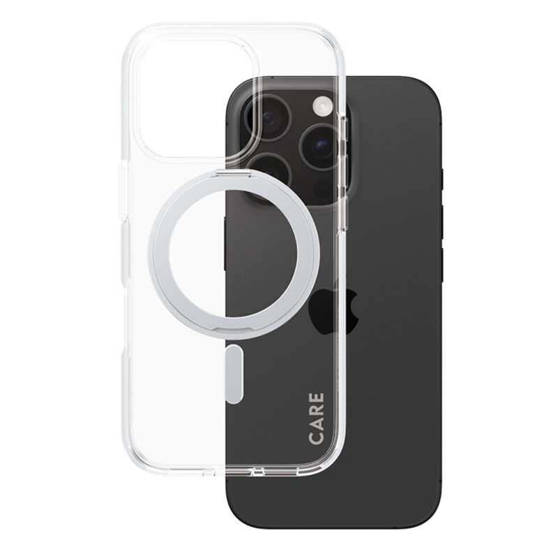 Husa iPhone 16 Pro PanzerGlass® CARE Feature Silver Kickstand & MagSafe, transparenta