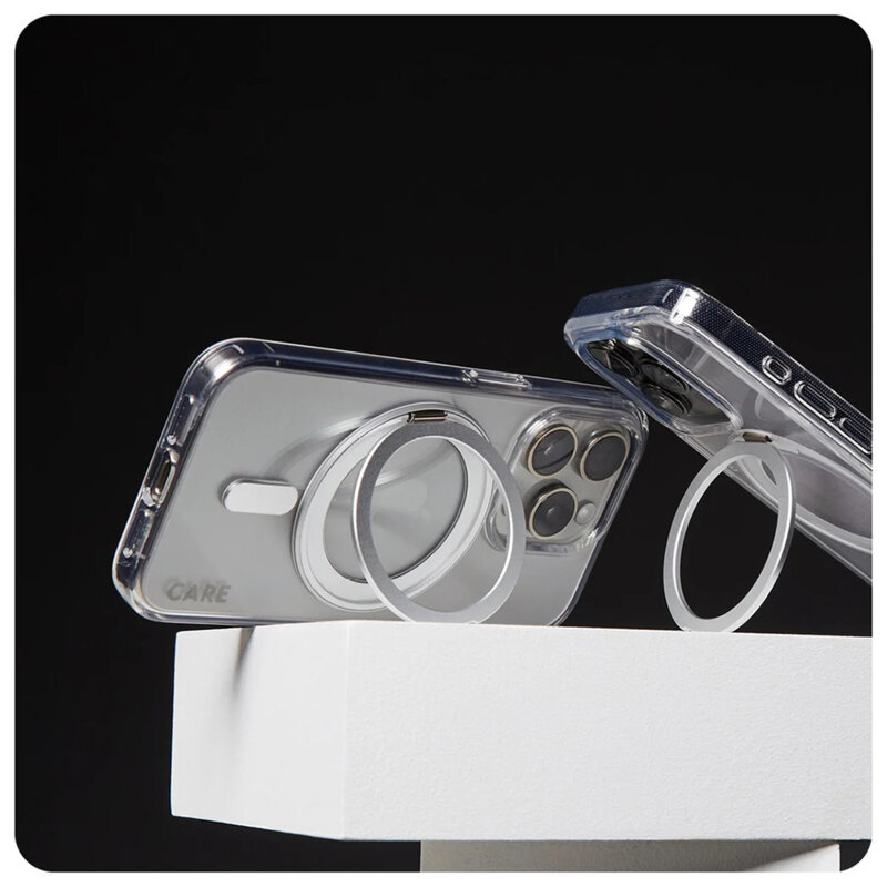 Husa iPhone 16 Pro PanzerGlass® CARE Feature Silver Kickstand & MagSafe, transparenta