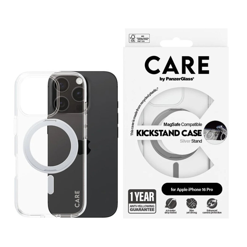 Husa iPhone 16 Pro PanzerGlass® CARE Feature Silver Kickstand & MagSafe, transparenta