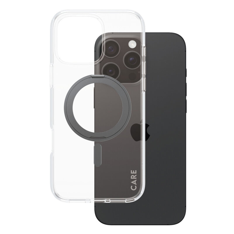 Husa iPhone 16 Pro Max PanzerGlass® CARE Feature Black Kickstand & MagSafe, transparenta