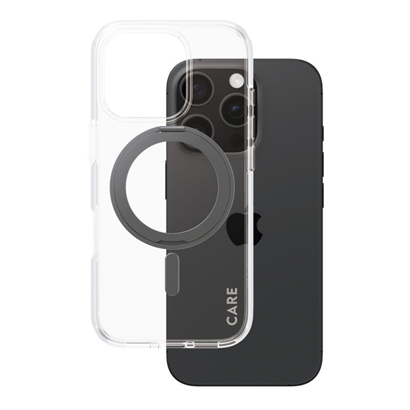 Husa iPhone 16 Pro PanzerGlass® CARE Feature Black Kickstand & MagSafe, transparenta