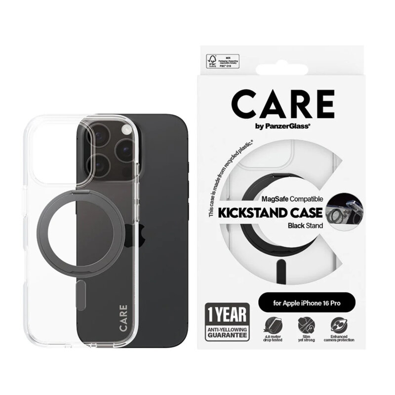 Husa iPhone 16 Pro PanzerGlass® CARE Feature Black Kickstand & MagSafe, transparenta