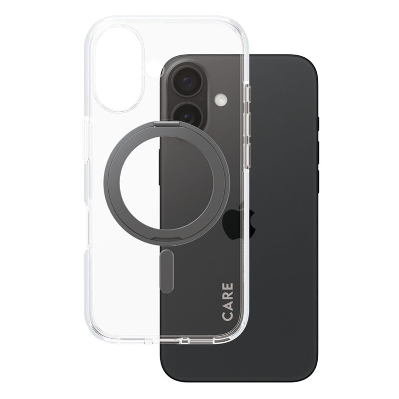 Husa iPhone 16 PanzerGlass® CARE Feature Black Kickstand & MagSafe, transparenta