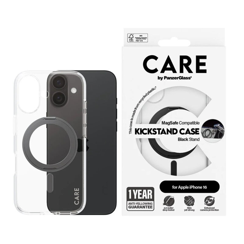 Husa iPhone 16 PanzerGlass® CARE Feature Black Kickstand & MagSafe, transparenta