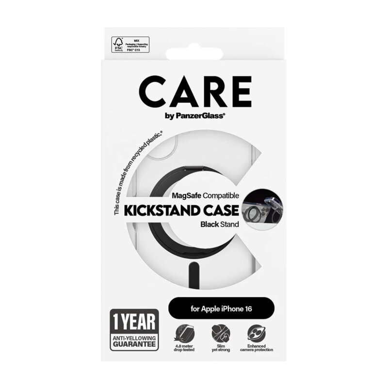 Husa iPhone 16 PanzerGlass® CARE Feature Black Kickstand & MagSafe, transparenta