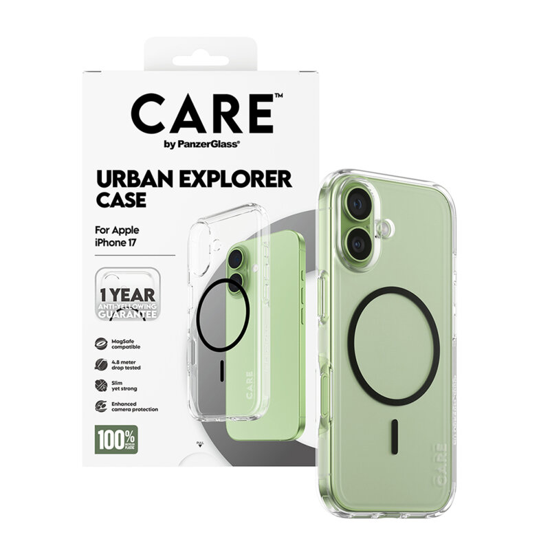 Husa iPhone 17 PanzerGlass® CARE Flagship Urban Explorer Black MagSafe, transparenta