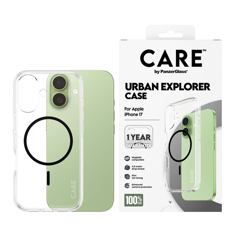 Husa iPhone 17 PanzerGlass® CARE Flagship Urban Explorer Black MagSafe, transparenta