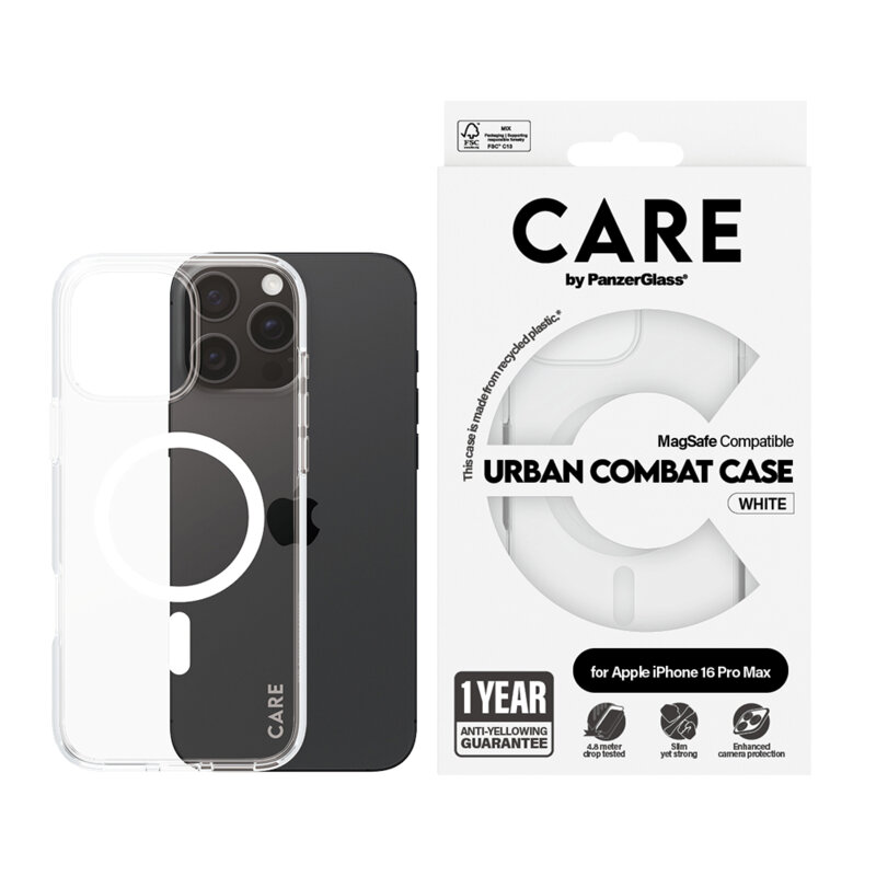 Husa iPhone 16 Pro Max PanzerGlass® CARE Flagship Urban Combat White MagSafe, transparenta
