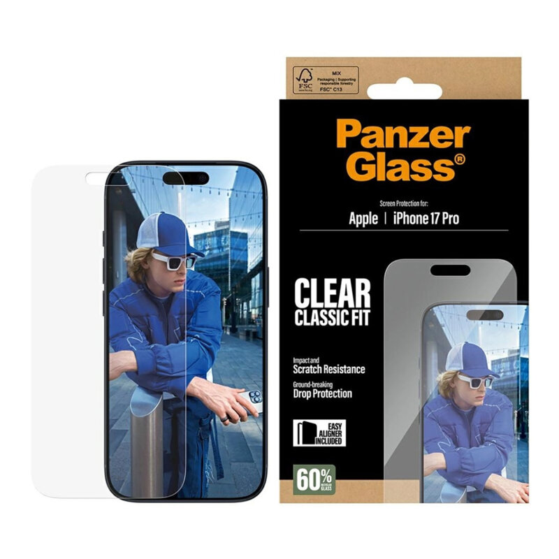 Folie iPhone 17 Pro PanzerGlass® Classic Fit w. EasyAligner, transparenta