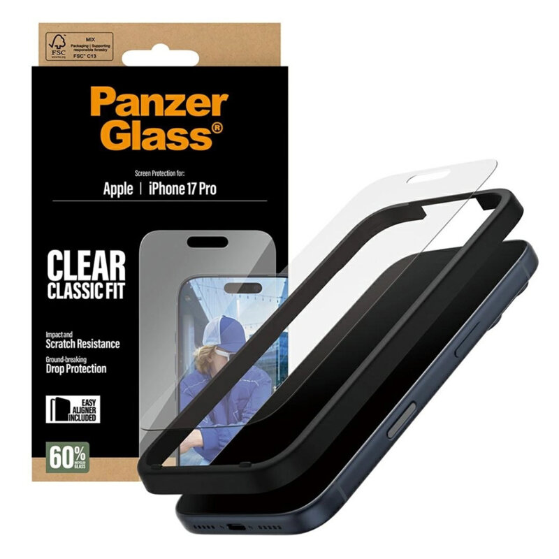 Folie iPhone 17 Pro PanzerGlass® Classic Fit w. EasyAligner, transparenta