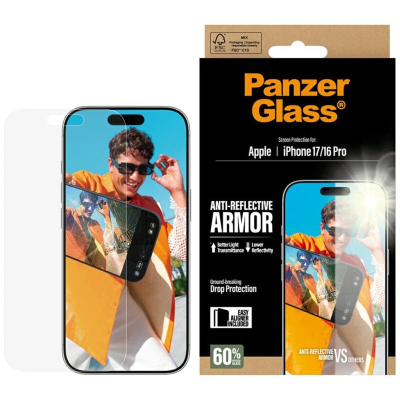 Folie iPhone 16 Pro mata PanzerGlass® Anti-Reflective Armor w. EasyAligner, transparenta