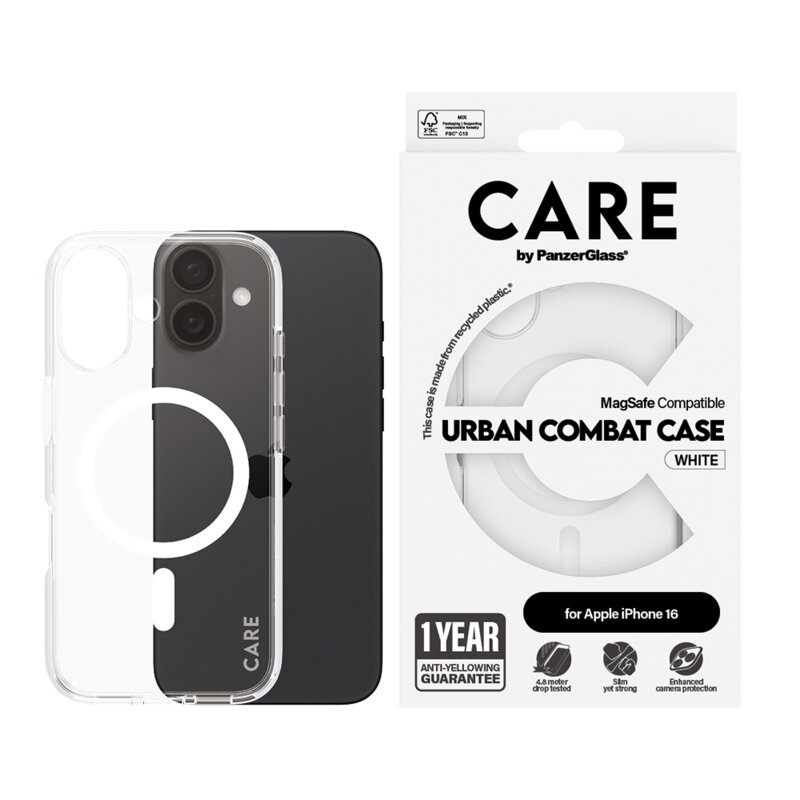 Husa iPhone 16 PanzerGlass® CARE Flagship Urban Combat White MagSafe, transparenta