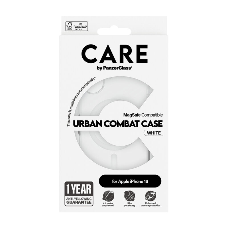 Husa iPhone 16 PanzerGlass® CARE Flagship Urban Combat White MagSafe, transparenta