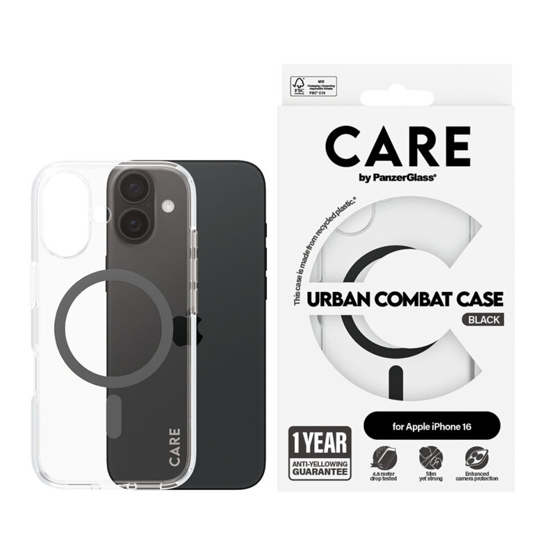 Husa iPhone 16 PanzerGlass® CARE Flagship Urban Combat Black MagSafe, transparenta