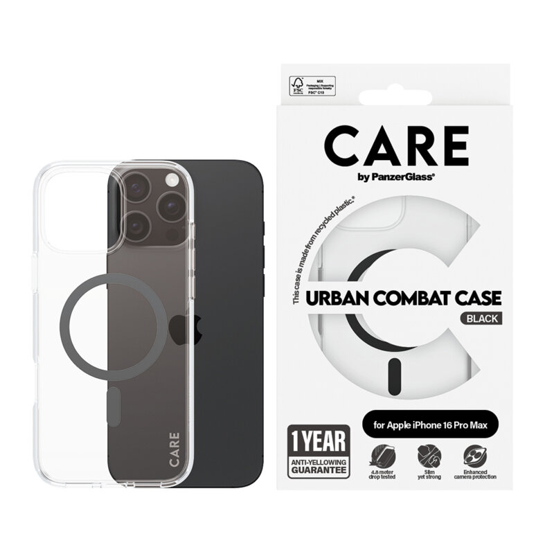 Husa iPhone 16 Pro PanzerGlass® CARE Flagship Urban Combat Black MagSafe, transparenta
