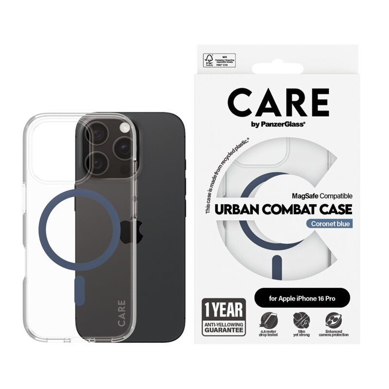 Husa iPhone 16 Pro PanzerGlass® CARE Flagship Urban Combat Blue MagSafe, transparenta