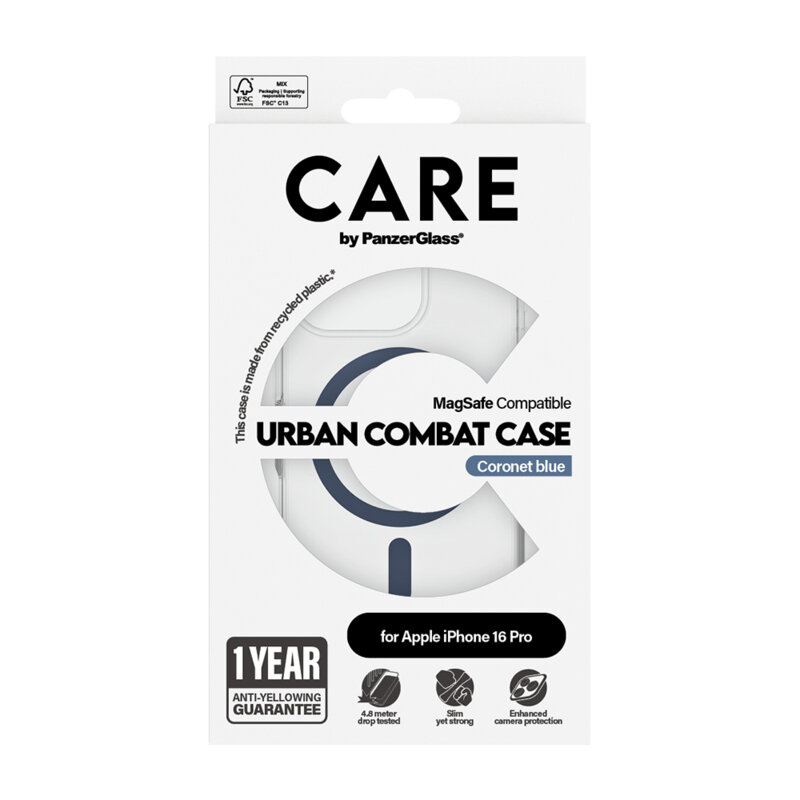 Husa iPhone 16 Pro PanzerGlass® CARE Flagship Urban Combat Blue MagSafe, transparenta