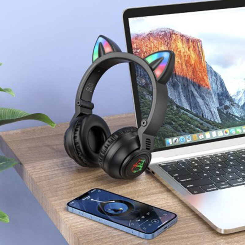 Casti wireless on-ear BT5.0, Borofone Cat Ear, BO18, negru