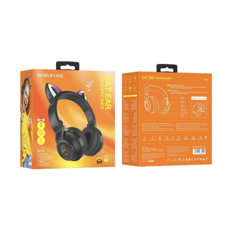 Casti wireless on-ear BT5.0, Borofone Cat Ear, BO18, negru