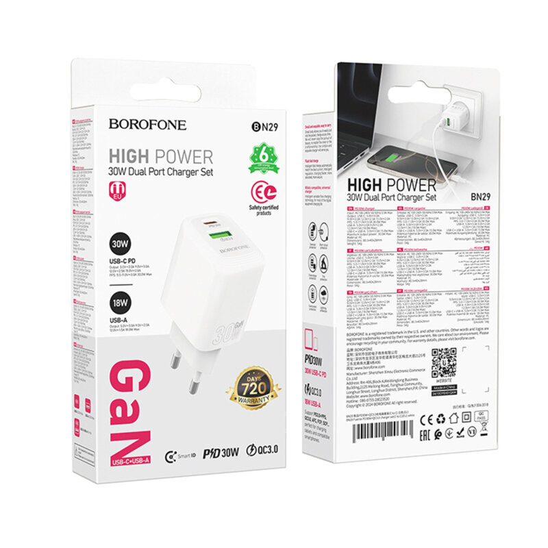 Incarcator priza dual port PD30W GaN, Borofone Fuente, BN29
