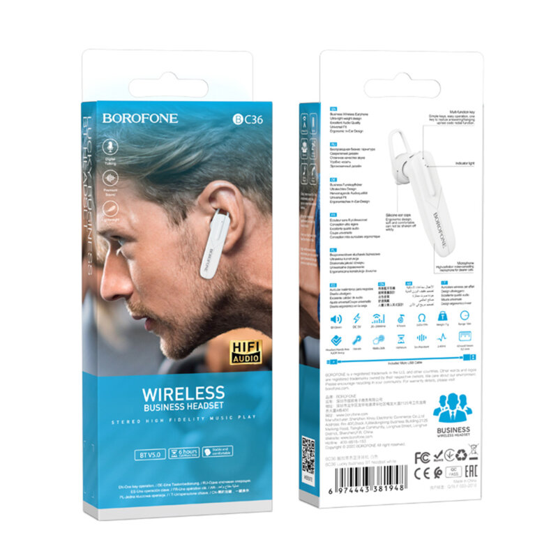 Casca Bluetooth 5.0, 70mAh, Borofone Lucky, BC36, alb