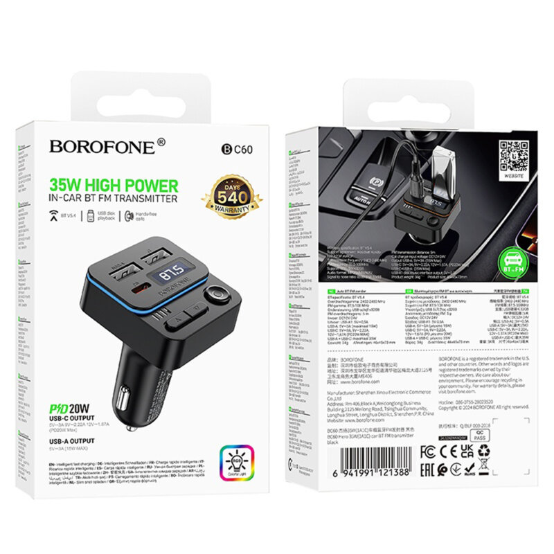 Modulator auto FM, incarcator masina Borofone Hero BC60, negru