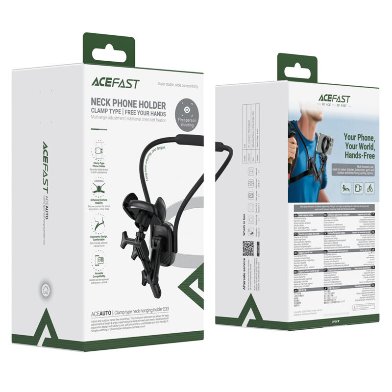 Suport telefon, GoPro pentru gat cu clips Acefast E33, negru