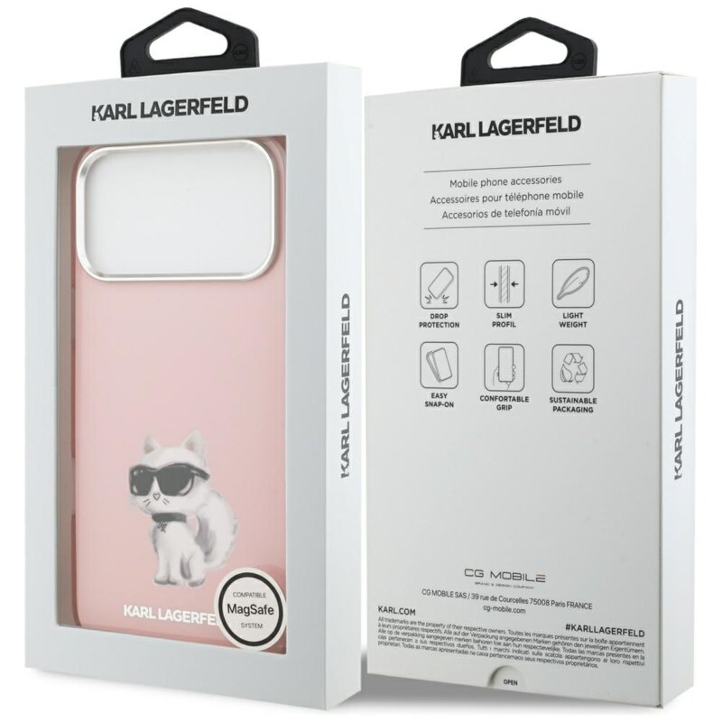 Husa iPhone 17 Pro Karl Lagerfeld IML Aquarelle Choupette & Logo MagSafe, roz, KLHMP17LHMCHAQOP