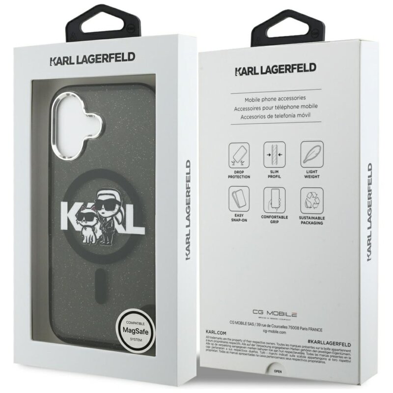 Husa iPhone 17 Karl Lagerfeld IML Glitter Karl & Choupette Sketch Logo MagSafe, negru, KLHMP17SHGKCGKBK