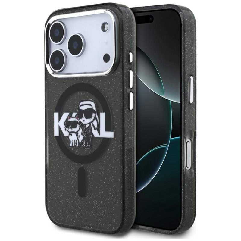 Husa iPhone 17 Pro Karl Lagerfeld IML Glitter Karl & Choupette Sketch Logo MagSafe, negru, KLHMP17LHGKCGKBK