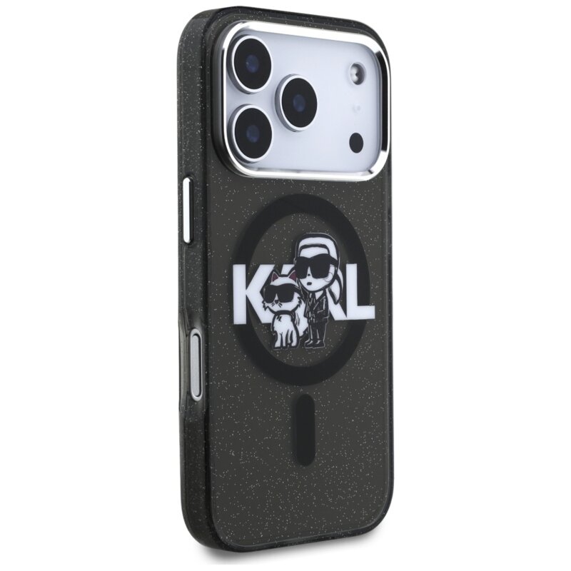 Husa iPhone 17 Pro Karl Lagerfeld IML Glitter Karl & Choupette Sketch Logo MagSafe, negru, KLHMP17LHGKCGKBK