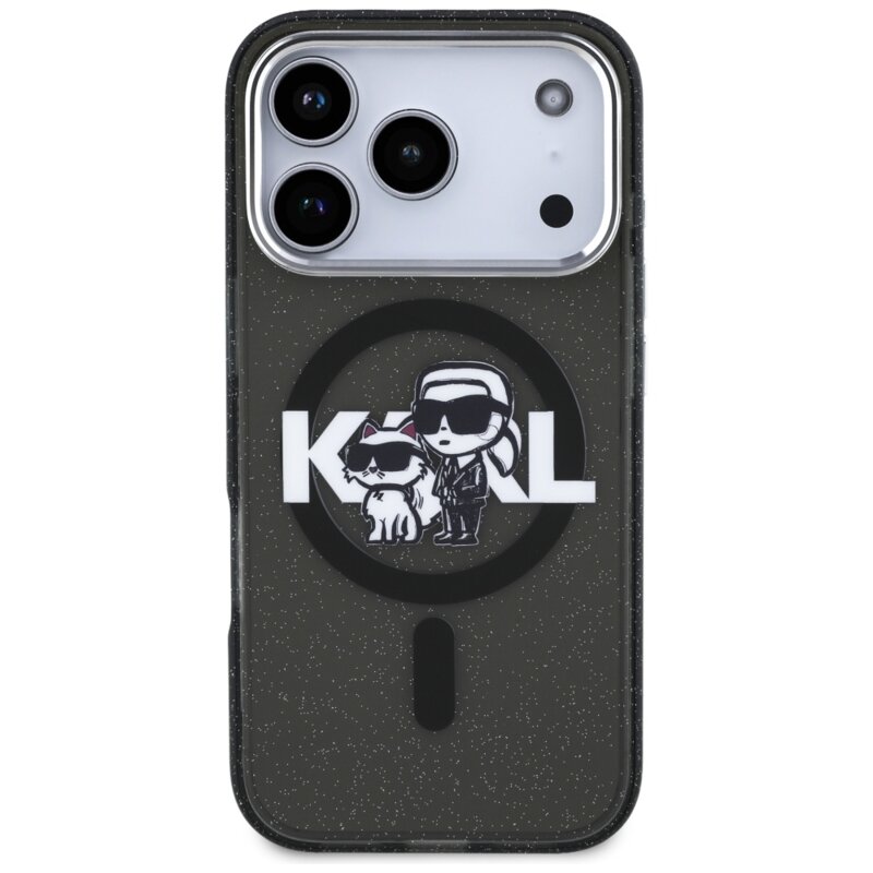 Husa iPhone 17 Pro Karl Lagerfeld IML Glitter Karl & Choupette Sketch Logo MagSafe, negru, KLHMP17LHGKCGKBK