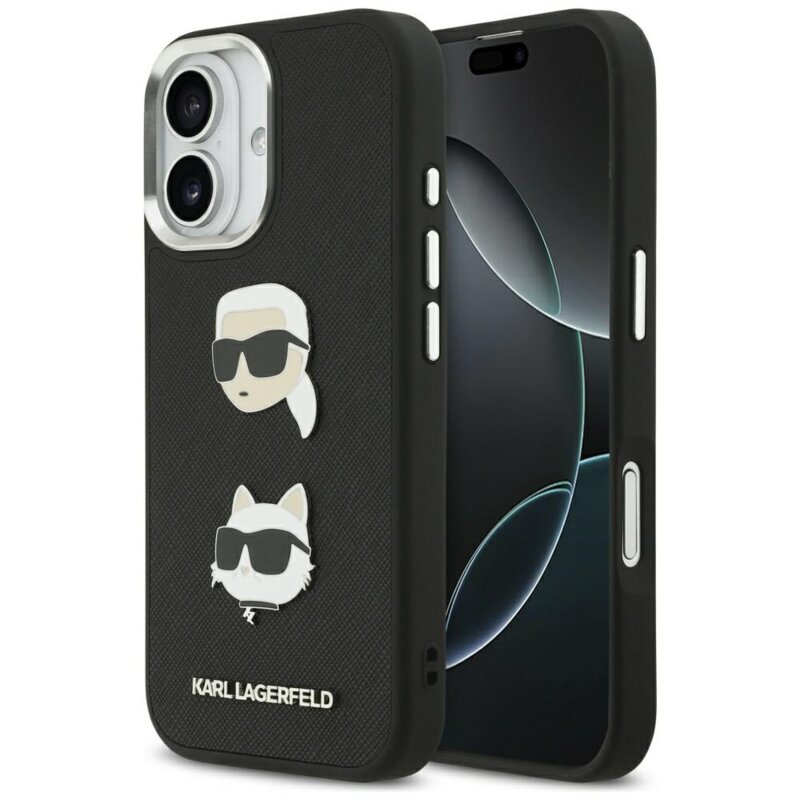 Husa iPhone 17 Karl Lagerfeld FW Grained Karl & Choupette Heads Pins & Logo, negru, KLHCP17SPSFDHPOK