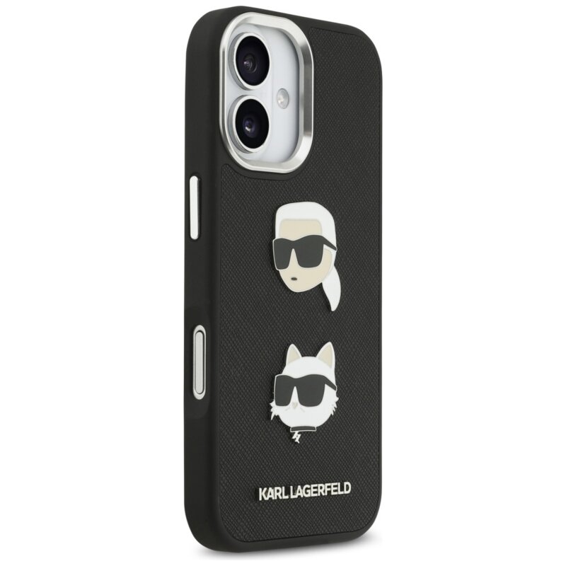 Husa iPhone 17 Karl Lagerfeld FW Grained Karl & Choupette Heads Pins & Logo, negru, KLHCP17SPSFDHPOK